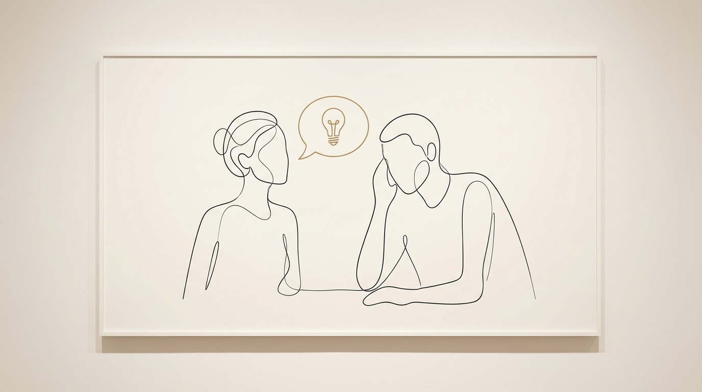 Two figures in conversation — line art